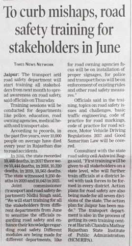 Media Coverage for Road Safety Training Programs to be Organized by the Department